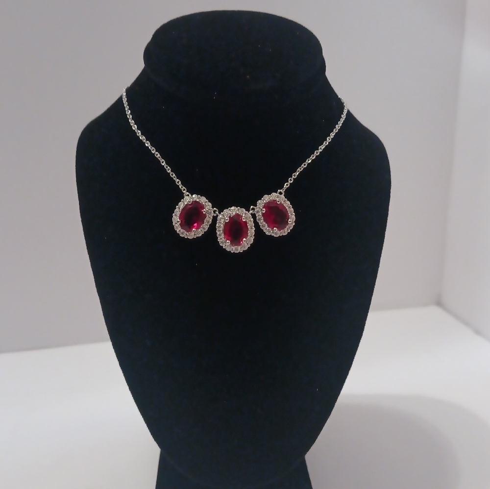 Elegant Silver Plated Necklace with Simulated Rubies and Cubic Zicorni  emstones